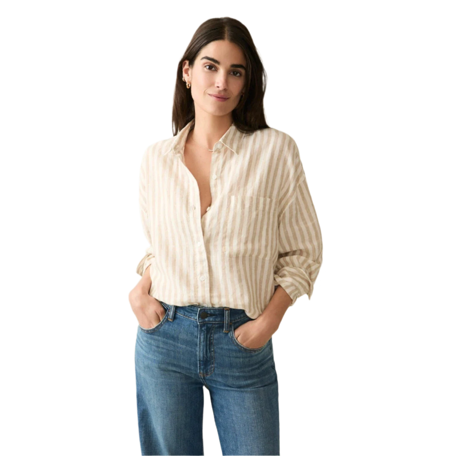 Faherty 02. WOMENS APPAREL - WOMENS LS SHIRTS - WOMENS LS CASUAL Women's Laguna Linen Relaxed Shirt TAN LUCY STRIPE