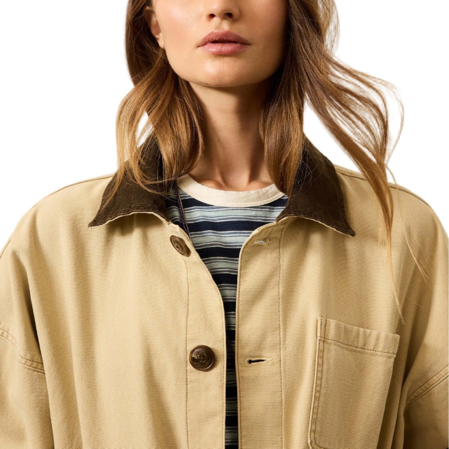 Faherty 02. WOMENS APPAREL - WOMENS JACKETS - WOMENS JACKETS CASUAL Women's Sunwashed Canvas Barn Jacket HAK SANDY KHAKI