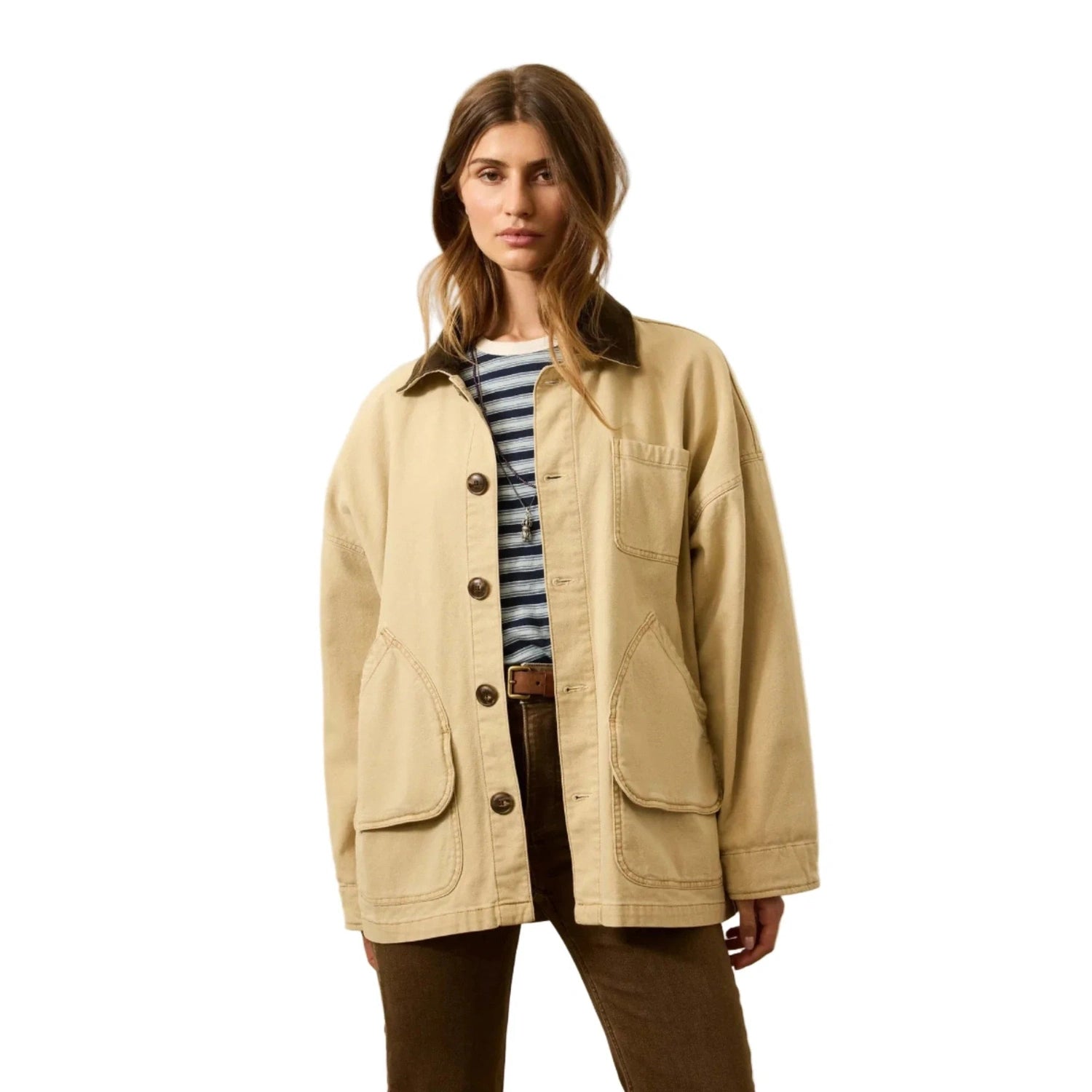 Faherty 02. WOMENS APPAREL - WOMENS JACKETS - WOMENS JACKETS CASUAL Women's Sunwashed Canvas Barn Jacket HAK SANDY KHAKI