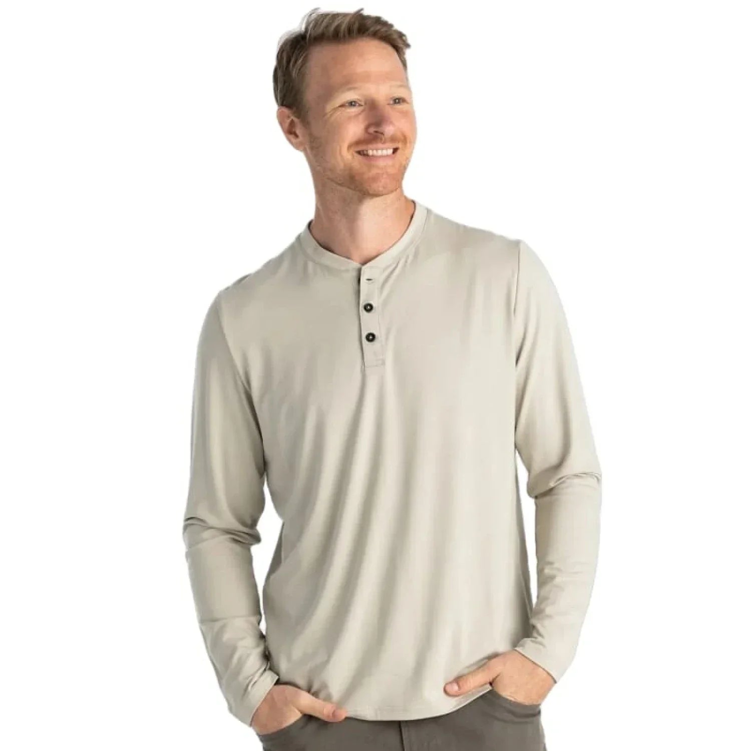 Free Fly Apparel 01. MENS APPAREL - MENS LS SHIRTS - MENS LS CASUAL Men's Bamboo Flex Long Sleeve Henley SANDSTONE