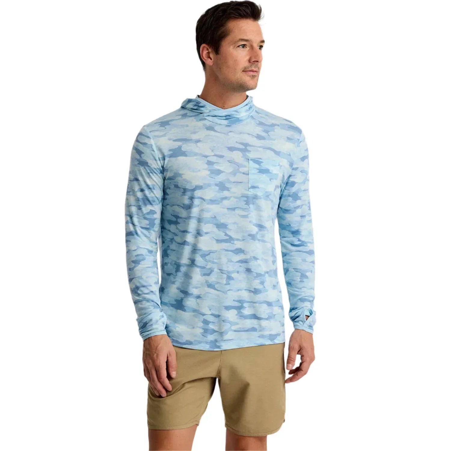 Free Fly Apparel 01. MENS APPAREL - MENS LS SHIRTS - MENS LS HOODY Men's Bamboo Lightweight Hoodie SEASMOKE CAMO - SURF BLUE