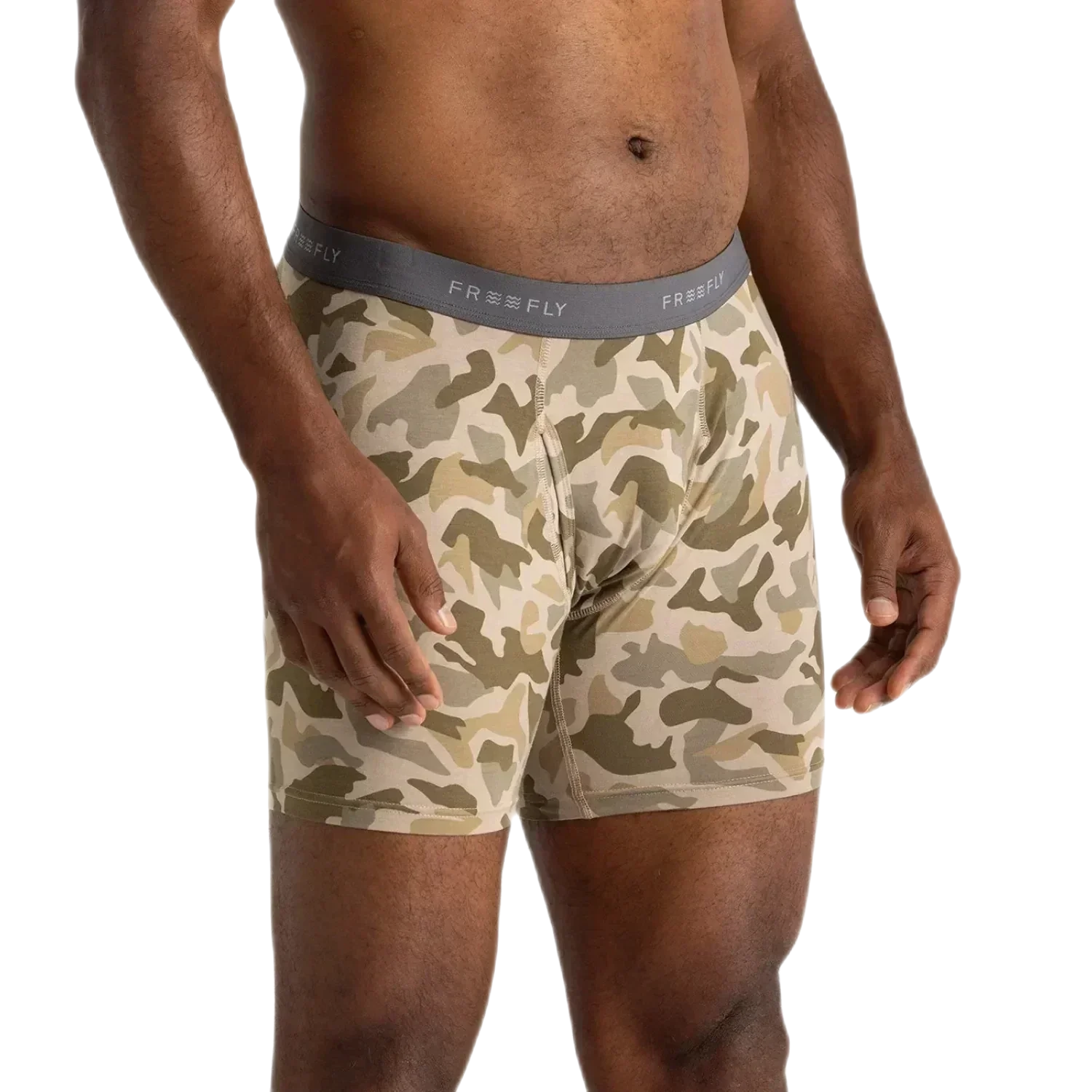 Free Fly Apparel 01. MENS APPAREL - MENS UNDERWEAR - MENS UNDERWEAR Men's Bamboo Motion Boxer Brief BARRIER ISLAND CAMO