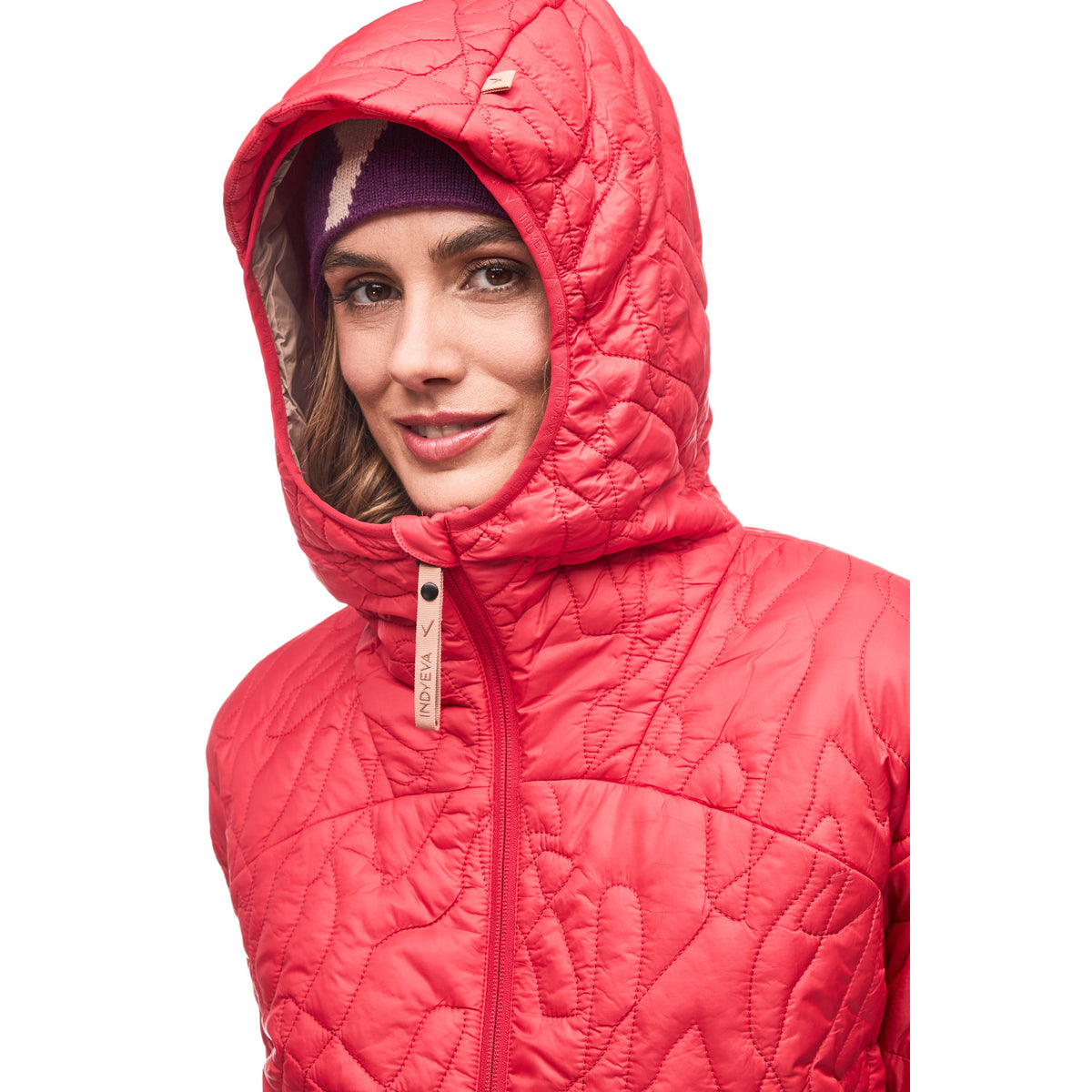 Women's Estil Jacket in Tomato, hood detail