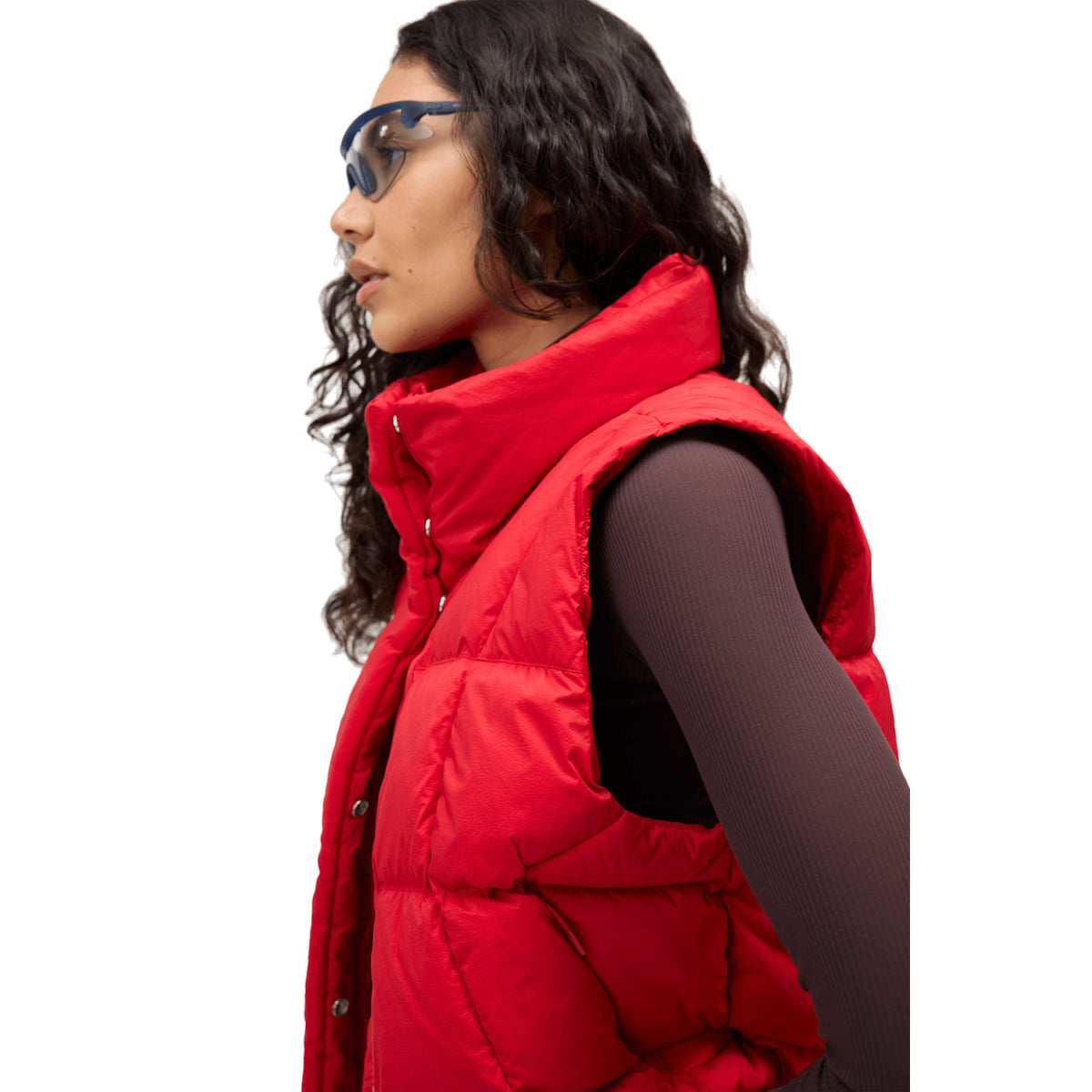 Women's Louise Down Vest in Rouge, on model side