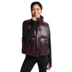 Women's Up For It Puff Shine Vest in Shine Cabernet, on model front