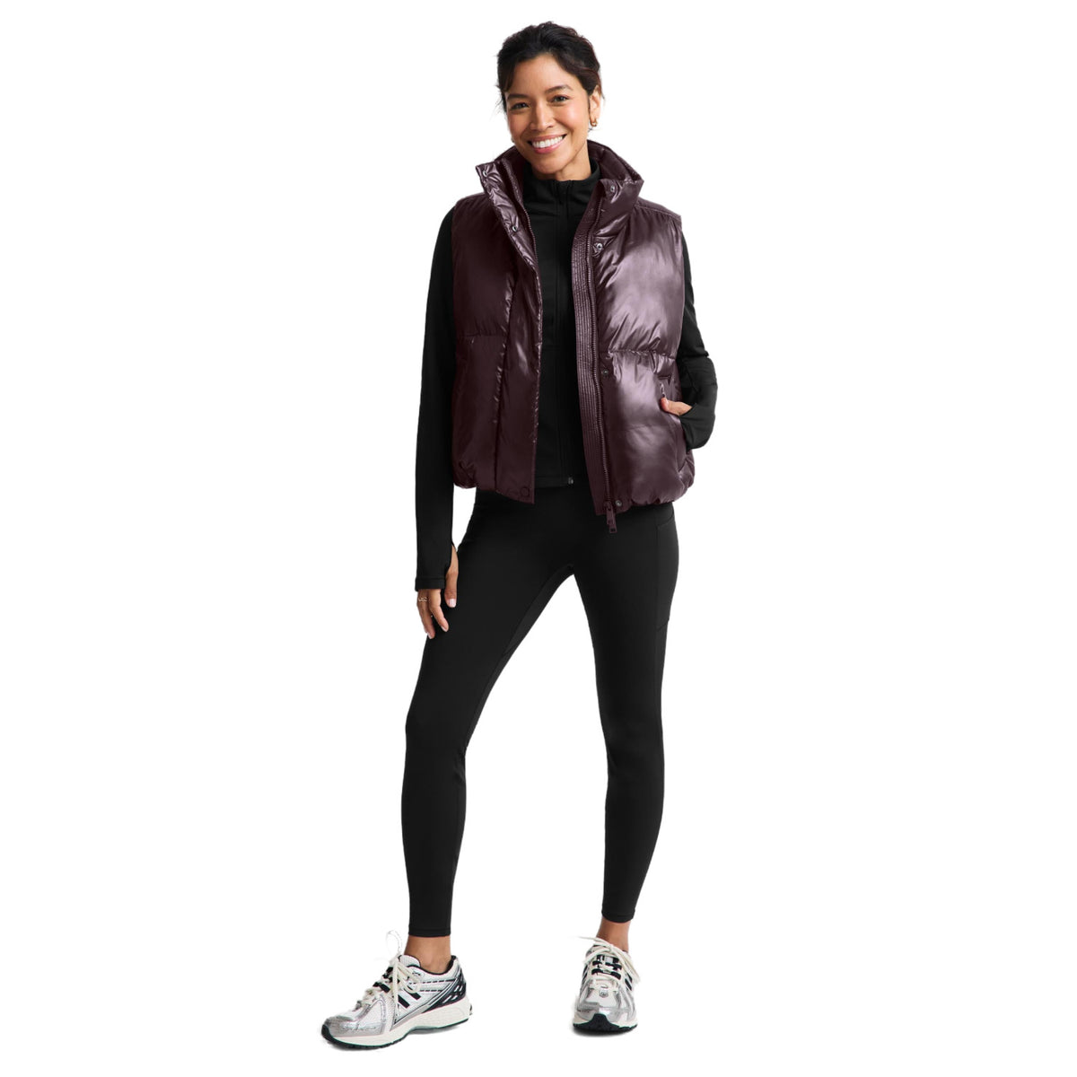 Women's Up For It Puff Shine Vest in Shine Cabernet, on model full length
