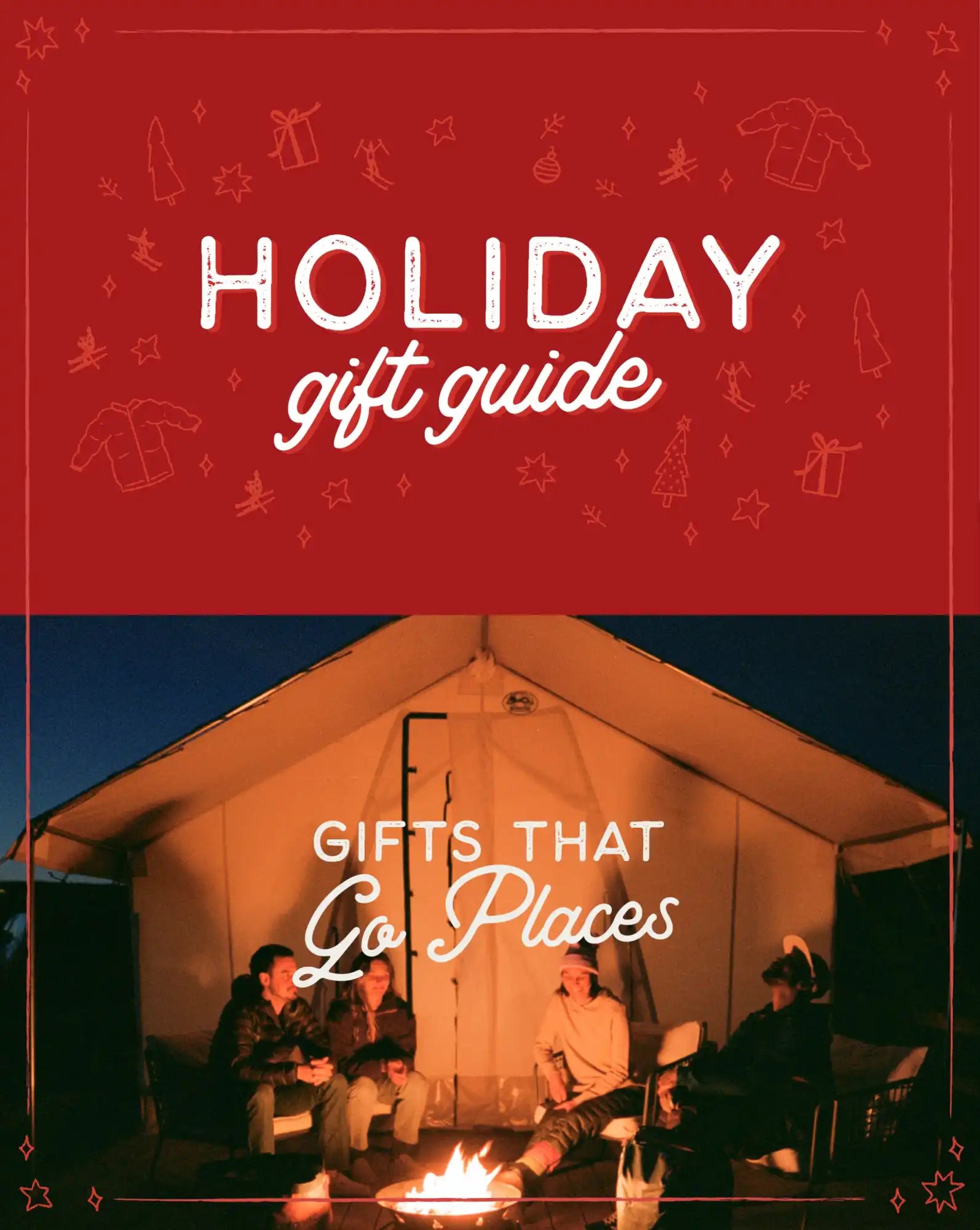 Holiday gift guide advertisement featuring a camping scene with a tent and campfire.