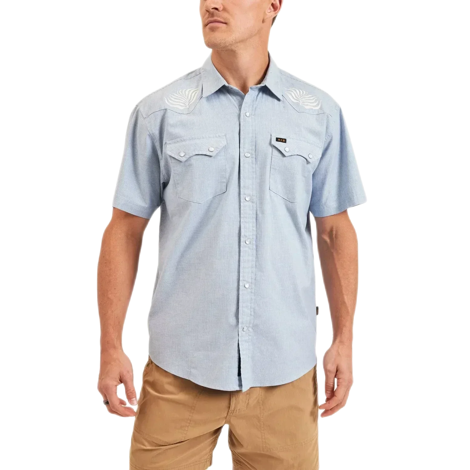 Howler Bros 01. MENS APPAREL - MENS SS SHIRTS - MENS SS BUTTON UP Men's Crosscut Deluxe Short Sleeve SEAGRASS | FADED BLUE MICROSTRIPE