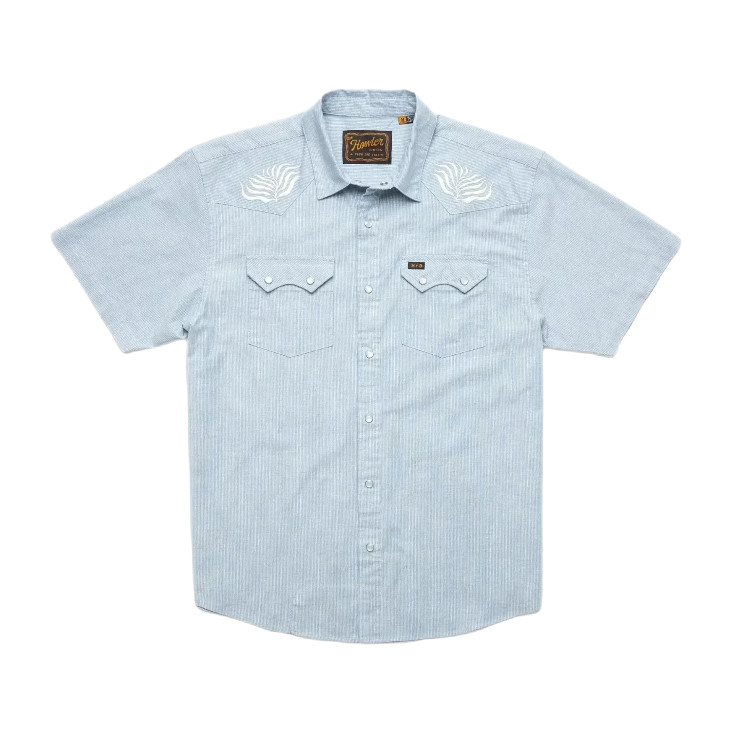 Howler Bros 01. MENS APPAREL - MENS SS SHIRTS - MENS SS BUTTON UP Men's Crosscut Deluxe Short Sleeve SEAGRASS | FADED BLUE MICROSTRIPE