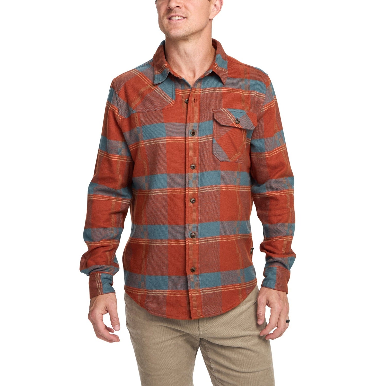 Howler Bros 01. MENS APPAREL - MENS LS SHIRTS - MENS LS BUTTON UP Men's Harker's Flannel BACKDROP PLAID | TERRACOTTA