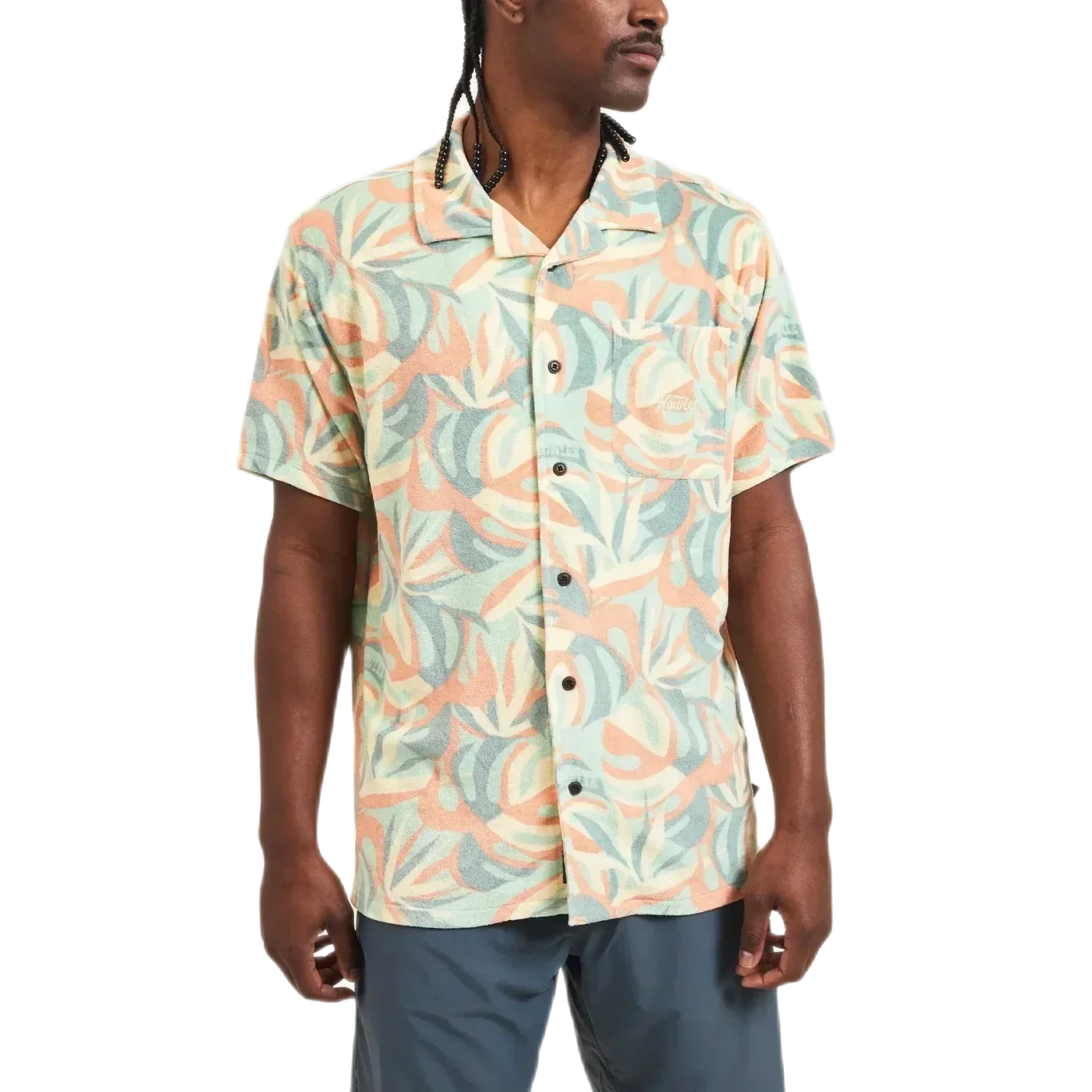 Howler Bros 01. MENS APPAREL - MENS SS SHIRTS - MENS SS BUTTON UP Men's Palapa Terry Shirt MONSTERA MASH | SHERBET