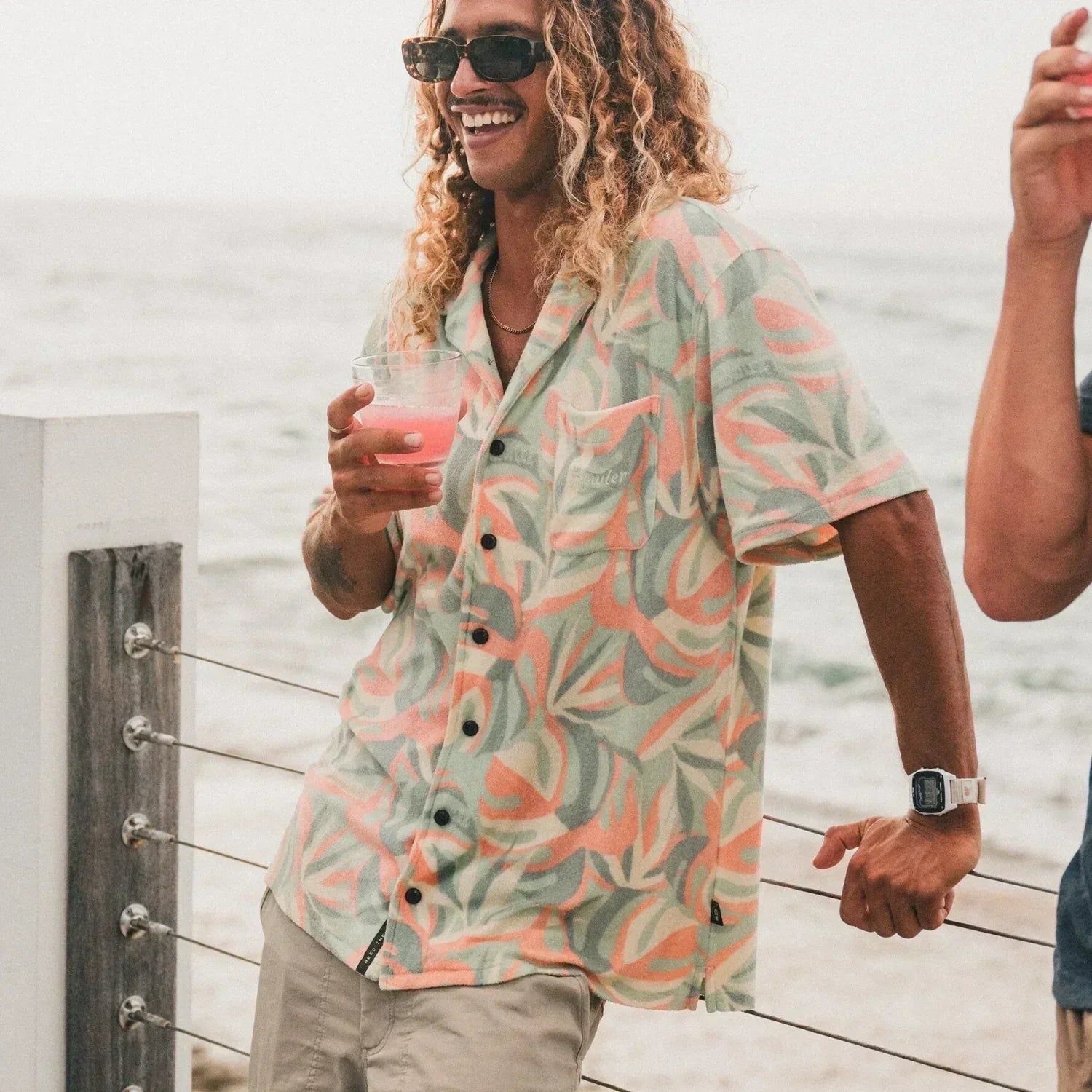 Howler Bros 01. MENS APPAREL - MENS SS SHIRTS - MENS SS BUTTON UP Men's Palapa Terry Shirt MONSTERA MASH | SHERBET