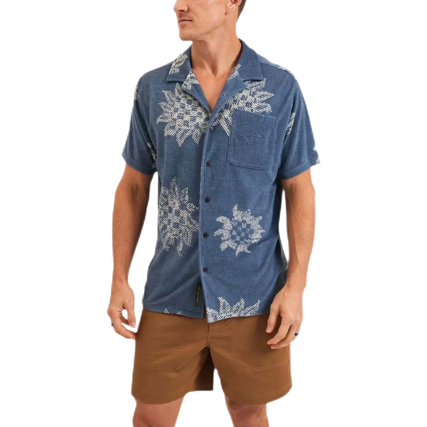 Howler Bros 01. MENS APPAREL - MENS SS SHIRTS - MENS SS BUTTON UP Men's Palapa Terry Shirt SUNFLOWER PIXELS | POSTAL BLUE