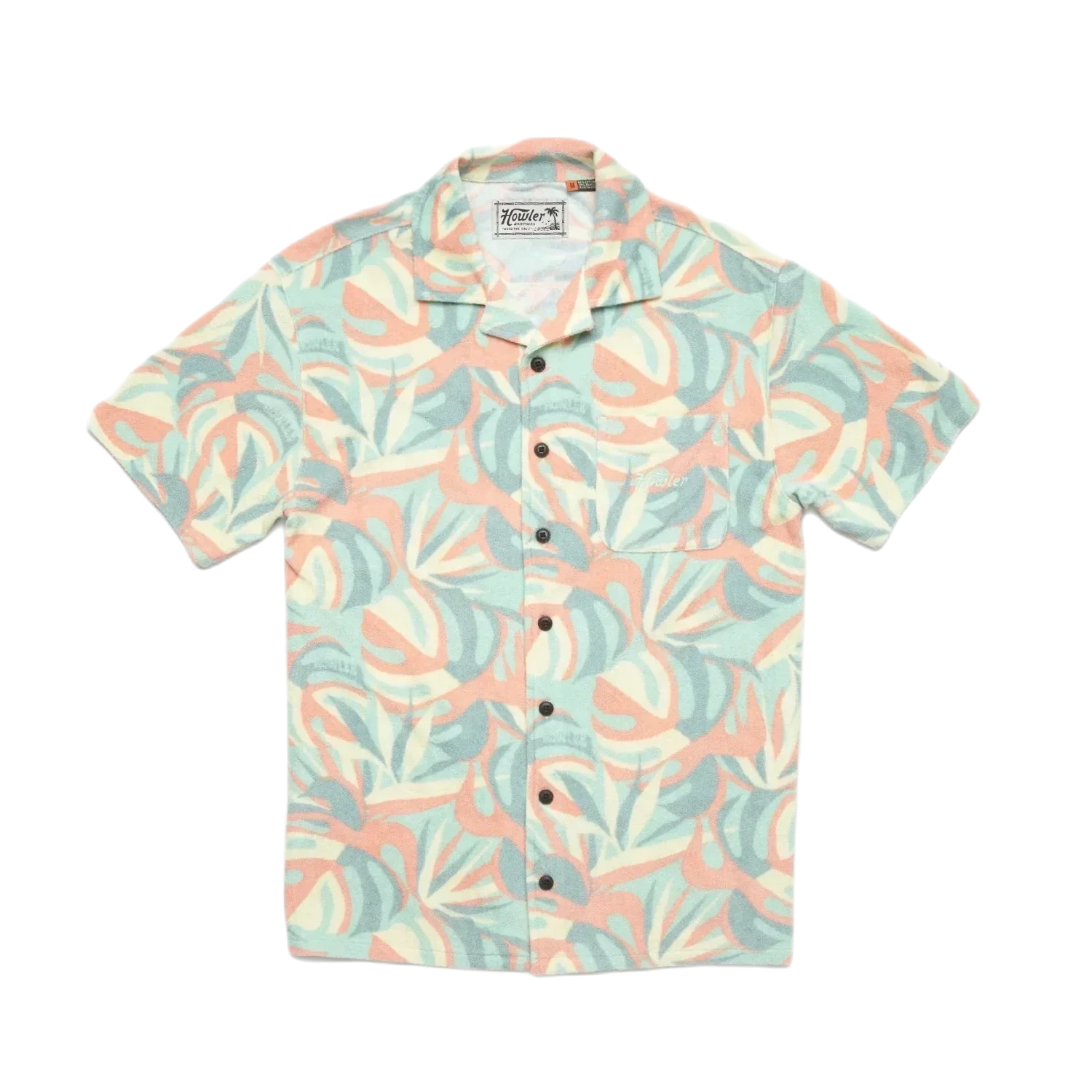 Howler Bros 01. MENS APPAREL - MENS SS SHIRTS - MENS SS BUTTON UP Men's Palapa Terry Shirt MONSTERA MASH | SHERBET