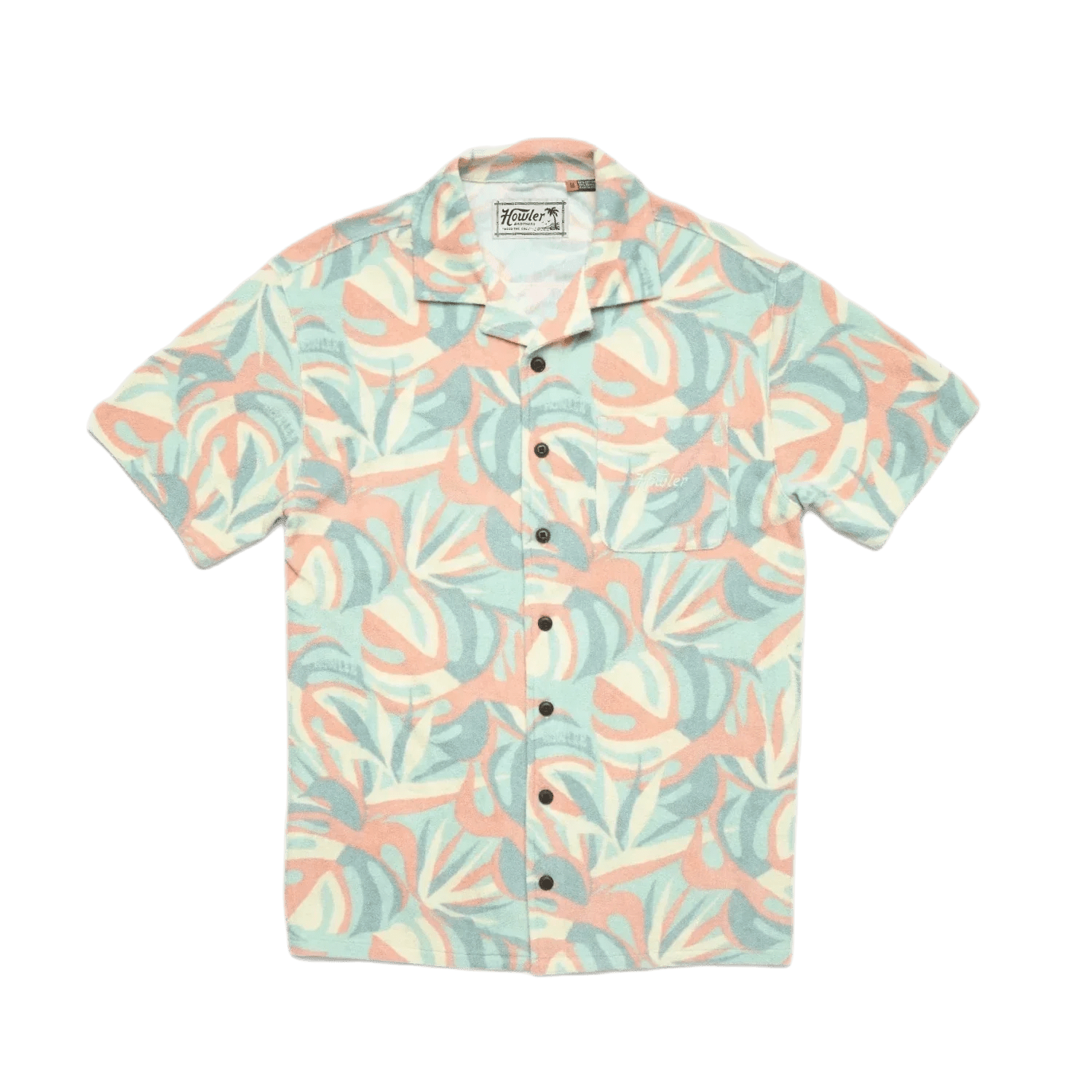 Howler Bros 01. MENS APPAREL - MENS SS SHIRTS - MENS SS BUTTON UP Men's Palapa Terry Shirt MONSTERA MASH | SHERBET