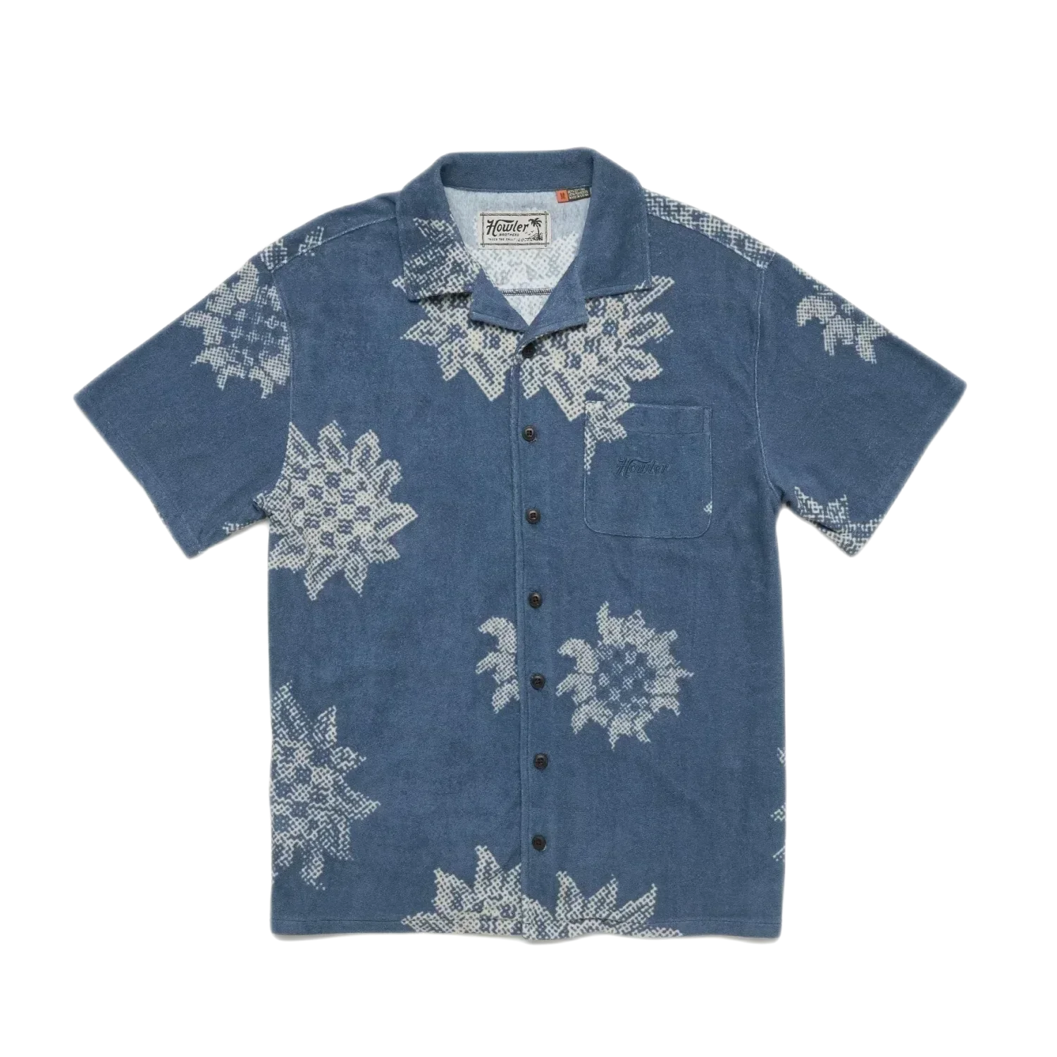 Howler Bros 01. MENS APPAREL - MENS SS SHIRTS - MENS SS BUTTON UP Men's Palapa Terry Shirt SUNFLOWER PIXELS | POSTAL BLUE