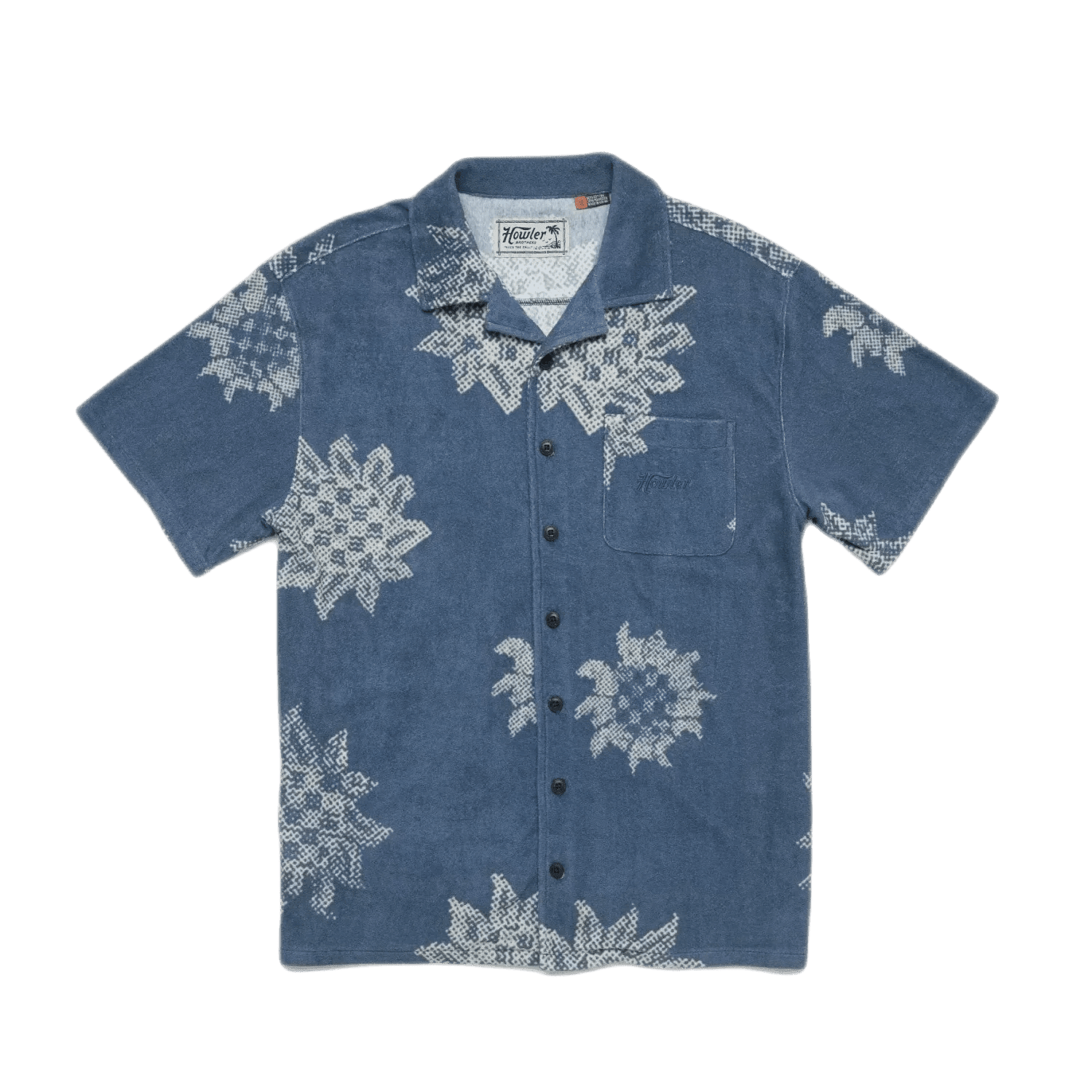 Howler Bros 01. MENS APPAREL - MENS SS SHIRTS - MENS SS BUTTON UP Men's Palapa Terry Shirt SUNFLOWER PIXELS | POSTAL BLUE