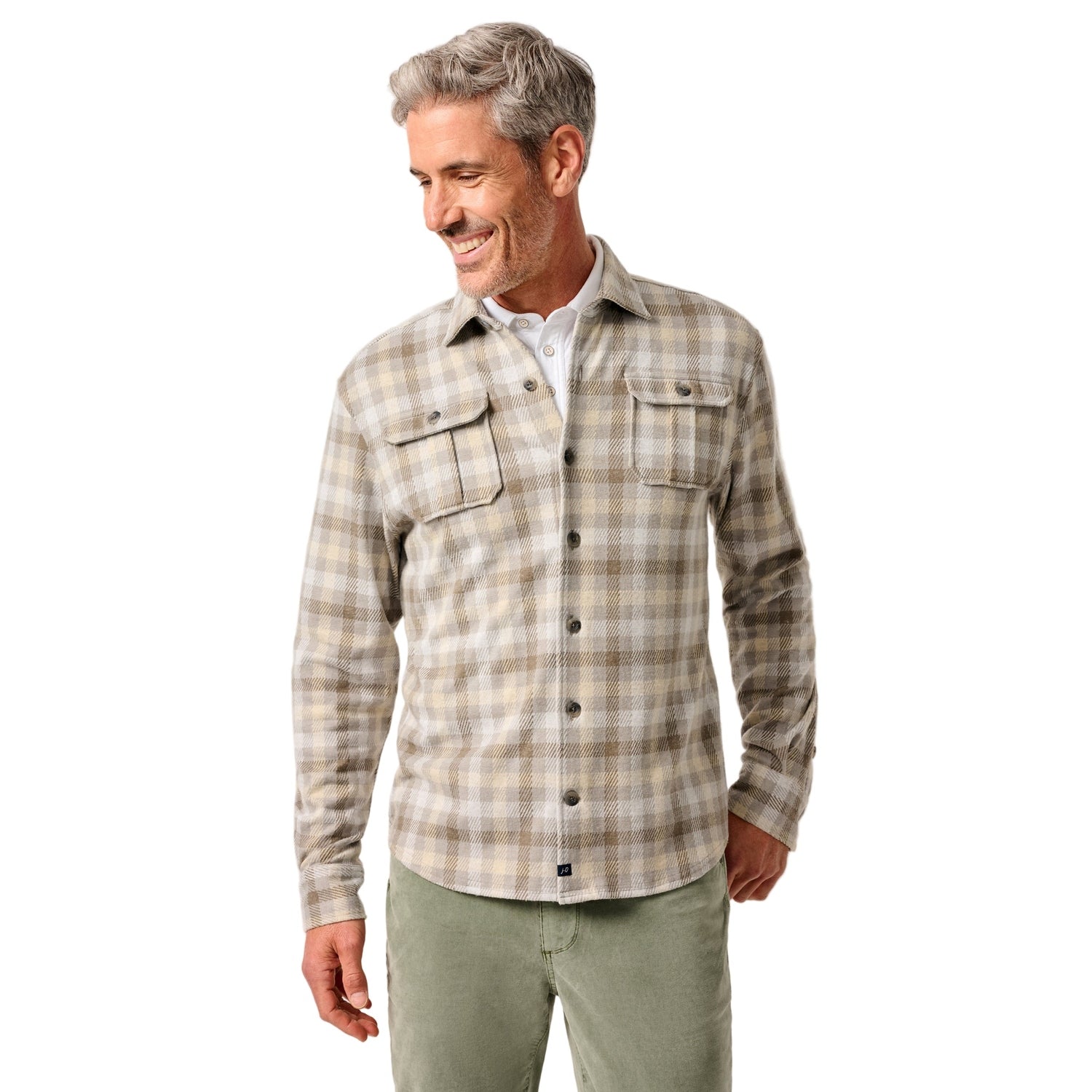 johnnie-O 01. MENS APPAREL - MENS LS SHIRTS - MENS LS BUTTON UP Men's Marcelo Plaid Flannel Knit Button-Up Shirt LIGHT GRAY