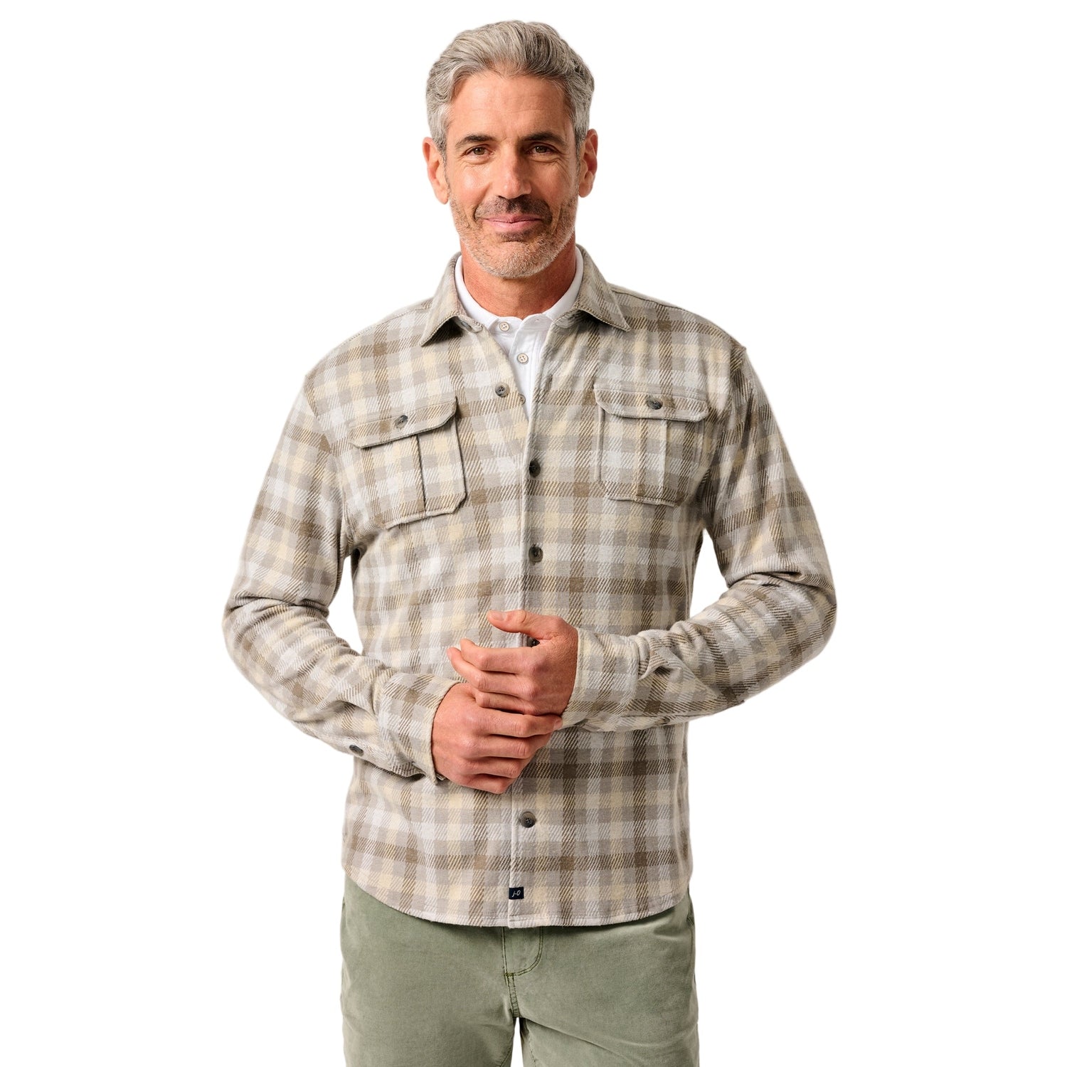 johnnie-O 01. MENS APPAREL - MENS LS SHIRTS - MENS LS BUTTON UP Men's Marcelo Plaid Flannel Knit Button-Up Shirt LIGHT GRAY