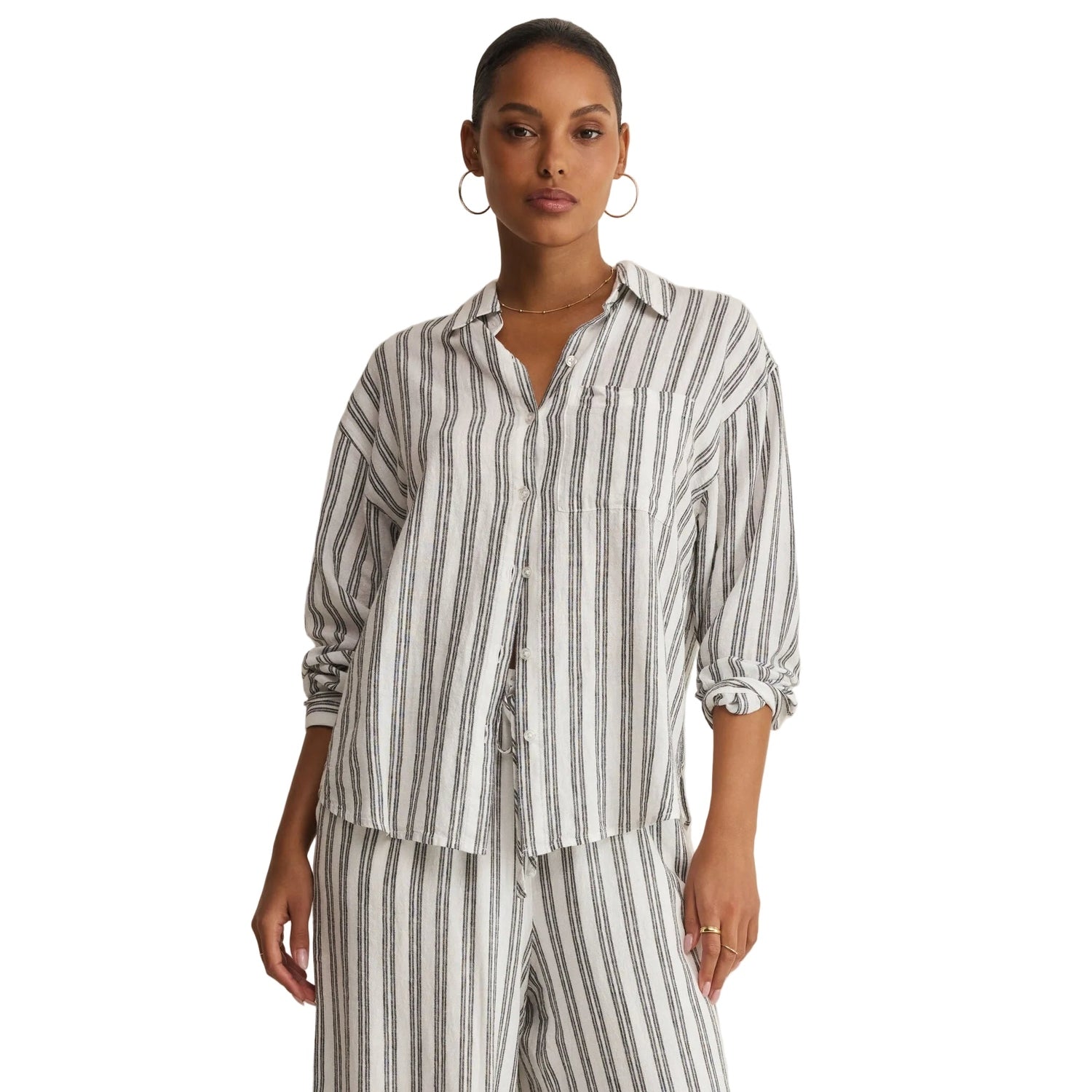 Z Supply 02. WOMENS APPAREL - WOMENS LS SHIRTS - WOMENS LS CASUAL Women's The Perfect Striped Button Up WHT WHITE