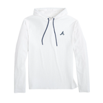 White hoodie with a logo on the chest against a white background