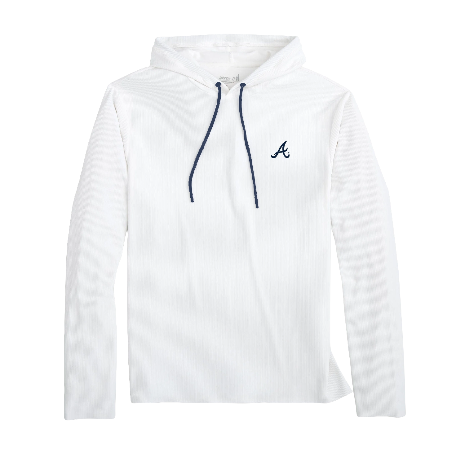 White hoodie with a logo on the chest against a white background