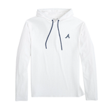 White hoodie with a logo on the chest against a white background