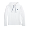 White hoodie with a logo on the chest against a white background