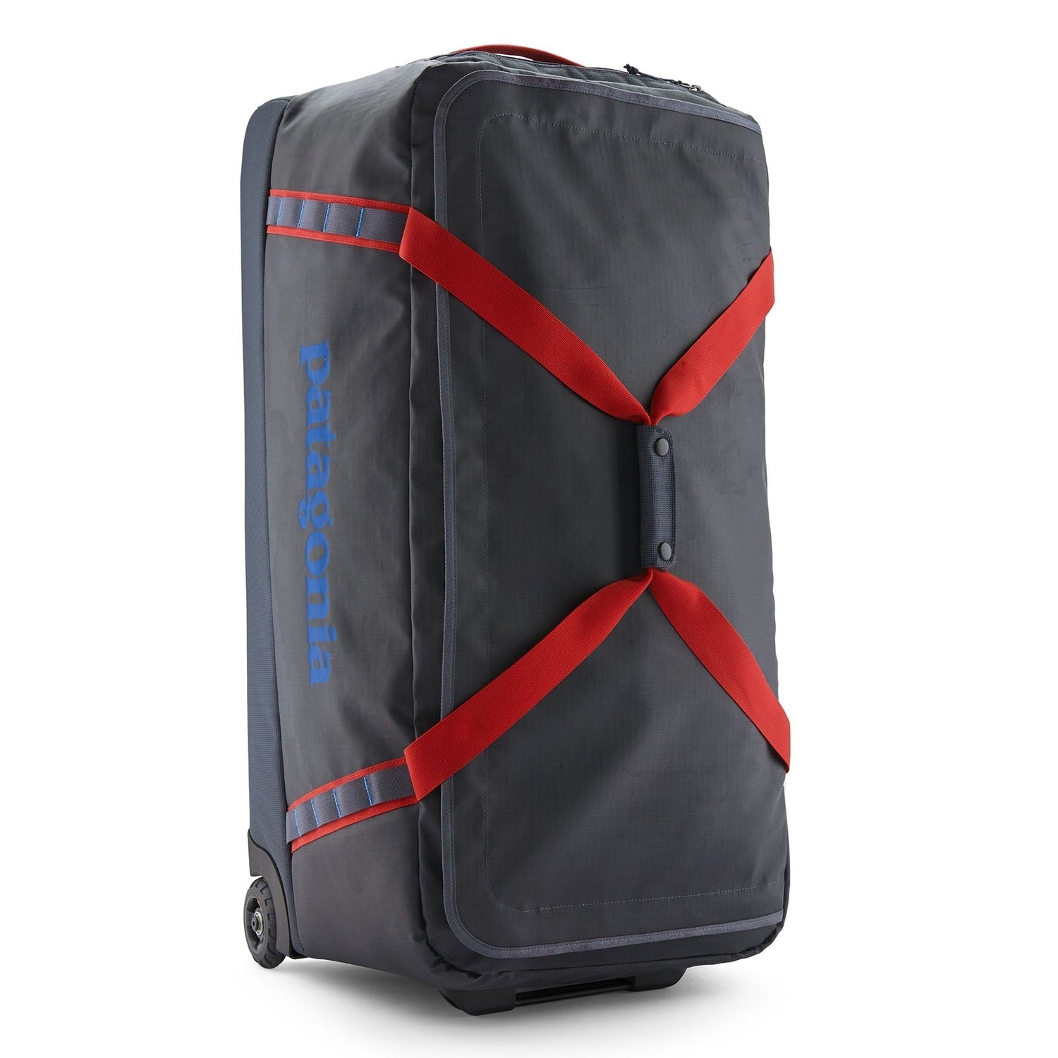 Patagonia 09. PACKS|LUGGAGE - LUGGAGE - ROLLING DUFFLES Black Hole Matte Wheeled Duffel 100L SMRE SMOLDER BLUE W AMANITA RED