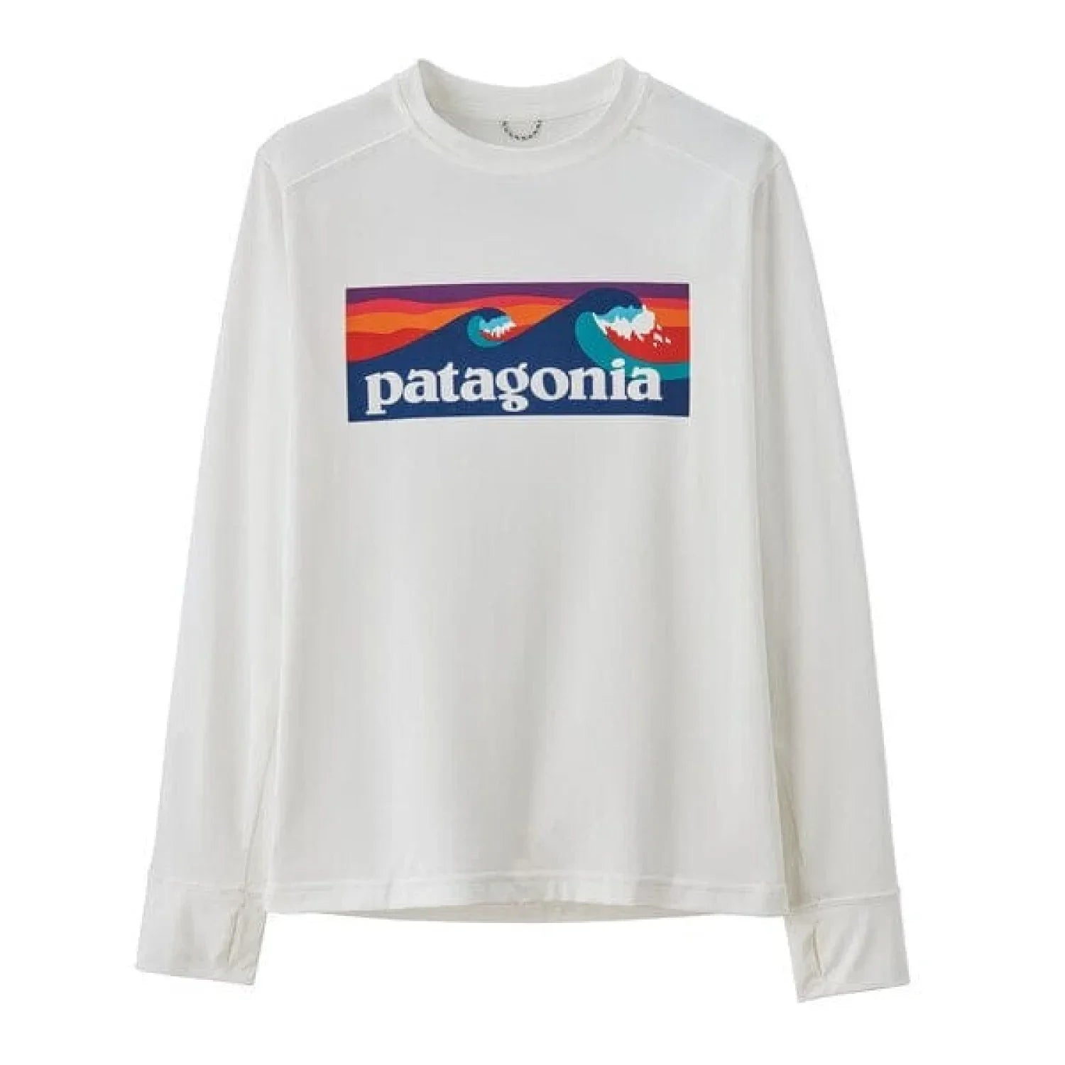 Patagonia 22. KIDS - UNISEX Kids' Long Sleeve Capilene Silkweight UPF T-Shirt BOLW BOARDSHORT LOGO | WHITE