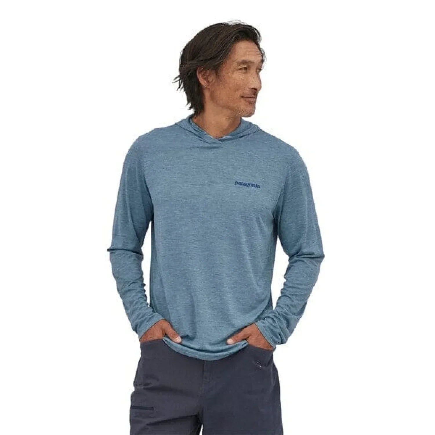 Patagonia 01. MENS APPAREL - MENS LS SHIRTS - MENS LS HOODY Men's Capilene® Cool Daily Graphic Hoody BOARDSHORT LOGO| LIGHT PLUME GREY X-DYE
