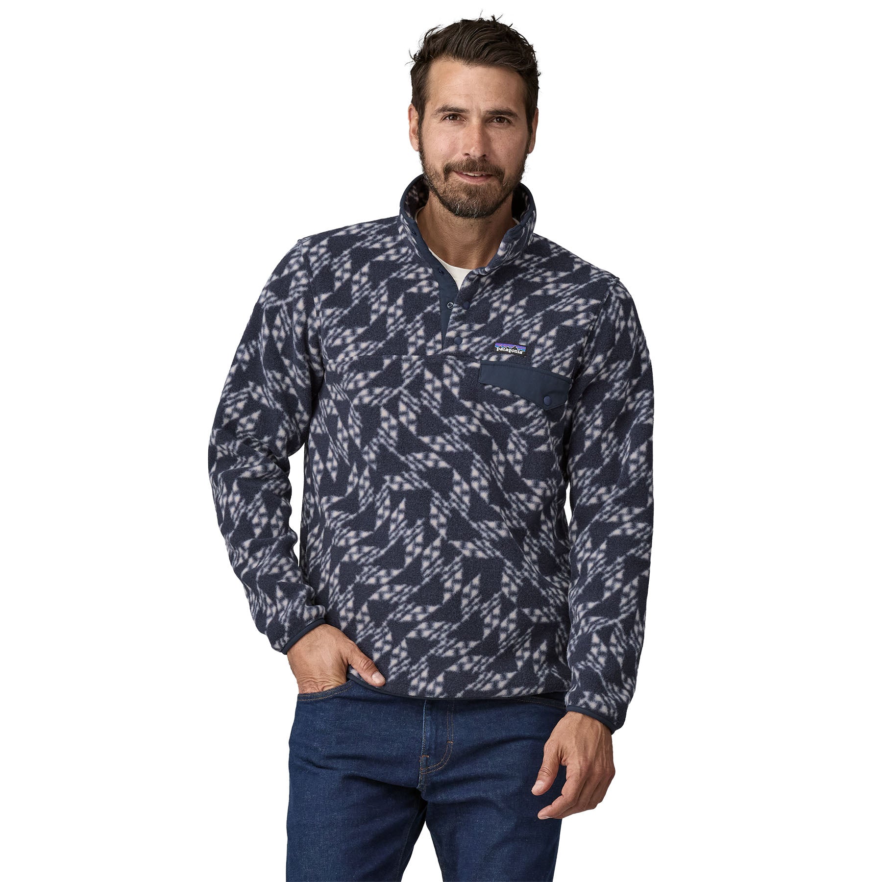 Patagonia 01. MENS APPAREL - MENS HOODIES|SWEATERS - MENS PO SWEATERS Men's Lightweight Synchilla Snap-T Fleece Pullover SFNA SYNCHED FLIGHT: NEW NAVY