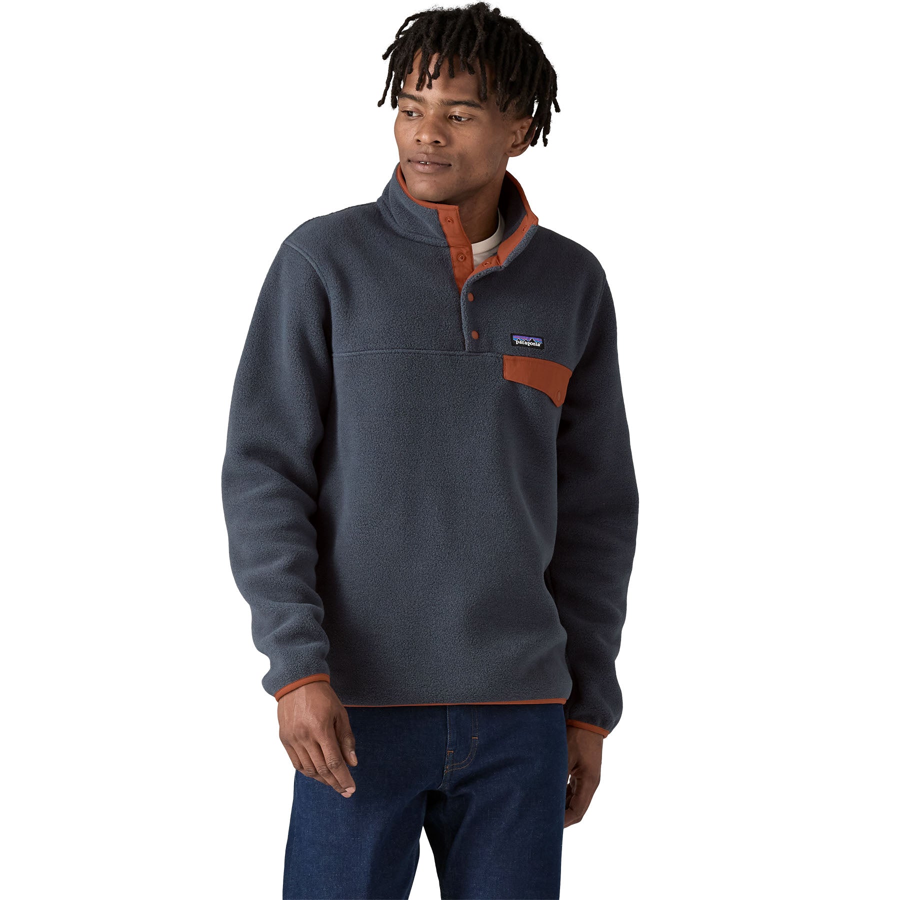 Patagonia 01. MENS APPAREL - MENS HOODIES|SWEATERS - MENS PO SWEATERS Men's Lightweight Synchilla Snap-T Fleece Pullover SMBU SMOLDER BLUE W BURNISHED RED