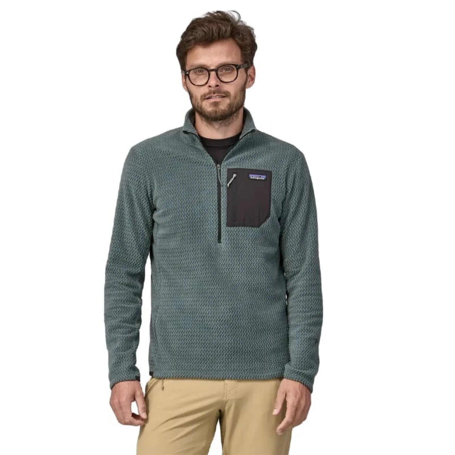 Patagonia 01. MENS APPAREL - MENS HOODIES|SWEATERS - MENS PO Q ZIP Men's R1 Air Zip Neck NUVG NOUVEAU GREEN