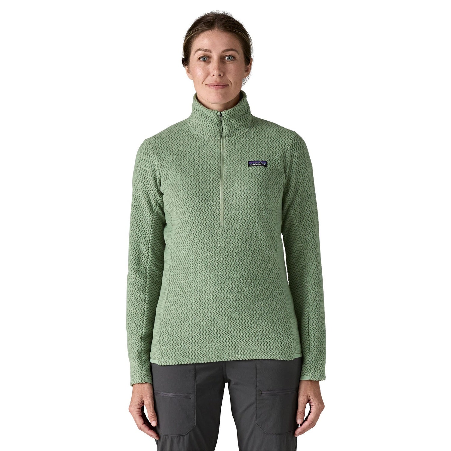 Patagonia 02. WOMENS APPAREL - WOMENS HOODIES|SWEATERS - WOMENS PO Q ZIP Women's R1® Air Fleece Zip-Neck ELGR ELLWOOD GREEN