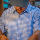 Poncho Outdoors 01. MENS APPAREL - MENS SS SHIRTS - MENS SS BUTTON UP Men's Ultra-Lite Shirt Short Sleeve THE BLUE RUNNER | BLUE AND WHITE PLAID SLIM