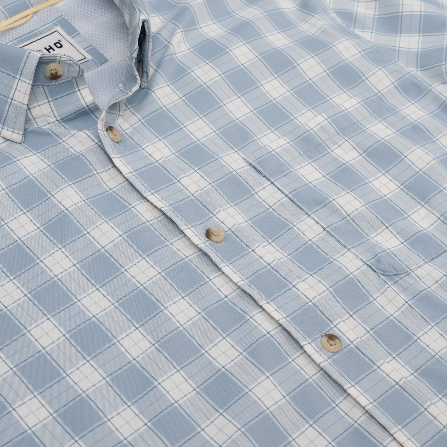 Poncho Outdoors 01. MENS APPAREL - MENS SS SHIRTS - MENS SS BUTTON UP Men's Ultra-Lite Shirt Short Sleeve THE DELRAY | WASHED BLUE AND GREY PLAID SLIM