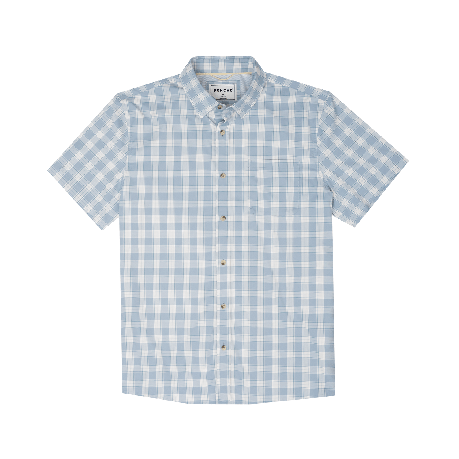 Poncho Outdoors 01. MENS APPAREL - MENS SS SHIRTS - MENS SS BUTTON UP Men's Ultra-Lite Shirt Short Sleeve THE DELRAY | WASHED BLUE AND GREY PLAID SLIM