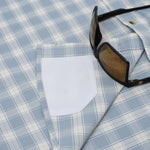 Poncho Outdoors 01. MENS APPAREL - MENS SS SHIRTS - MENS SS BUTTON UP Men's Ultra-Lite Shirt Short Sleeve THE DELRAY | WASHED BLUE AND GREY PLAID SLIM