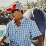 Poncho Outdoors 01. MENS APPAREL - MENS SS SHIRTS - MENS SS BUTTON UP Men's Ultra-Lite Shirt Short Sleeve THE DELRAY | WASHED BLUE AND GREY PLAID SLIM