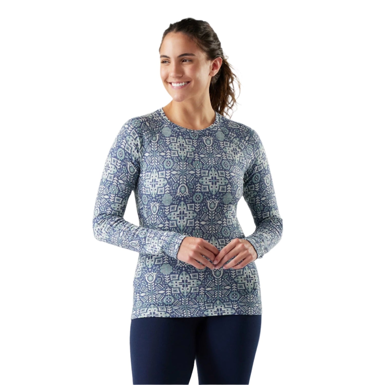Smartwool 02. WOMENS APPAREL - WOMENS SKI - WOMENS THERMAL TOPS Women's Classic Thermal Merino Base Layer Crew Q01 NIGHTFALL DECO FLORAL