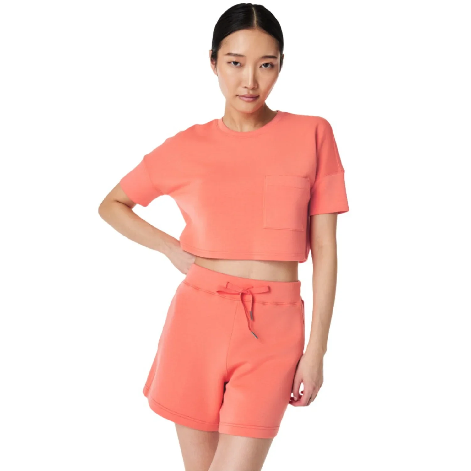 SPANX 02. WOMENS APPAREL - WOMENS SS SHIRTS - WOMENS SS CASUAL Women's AirEssentials Cropped Pocket Tee SUNSET PEACH