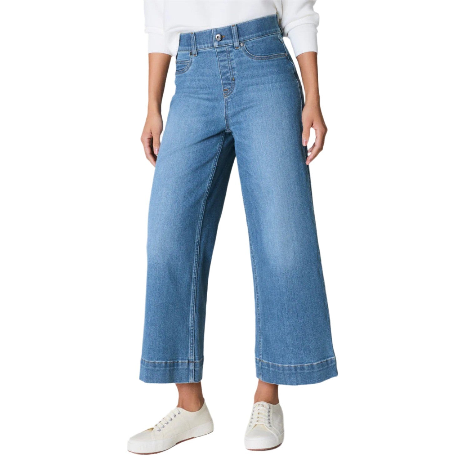 SPANX 02. WOMENS APPAREL - WOMENS PANTS - WOMENS PANTS CASUAL Women's Pull-On Cropped Wide Leg Jeans STONEWASHED BLUE