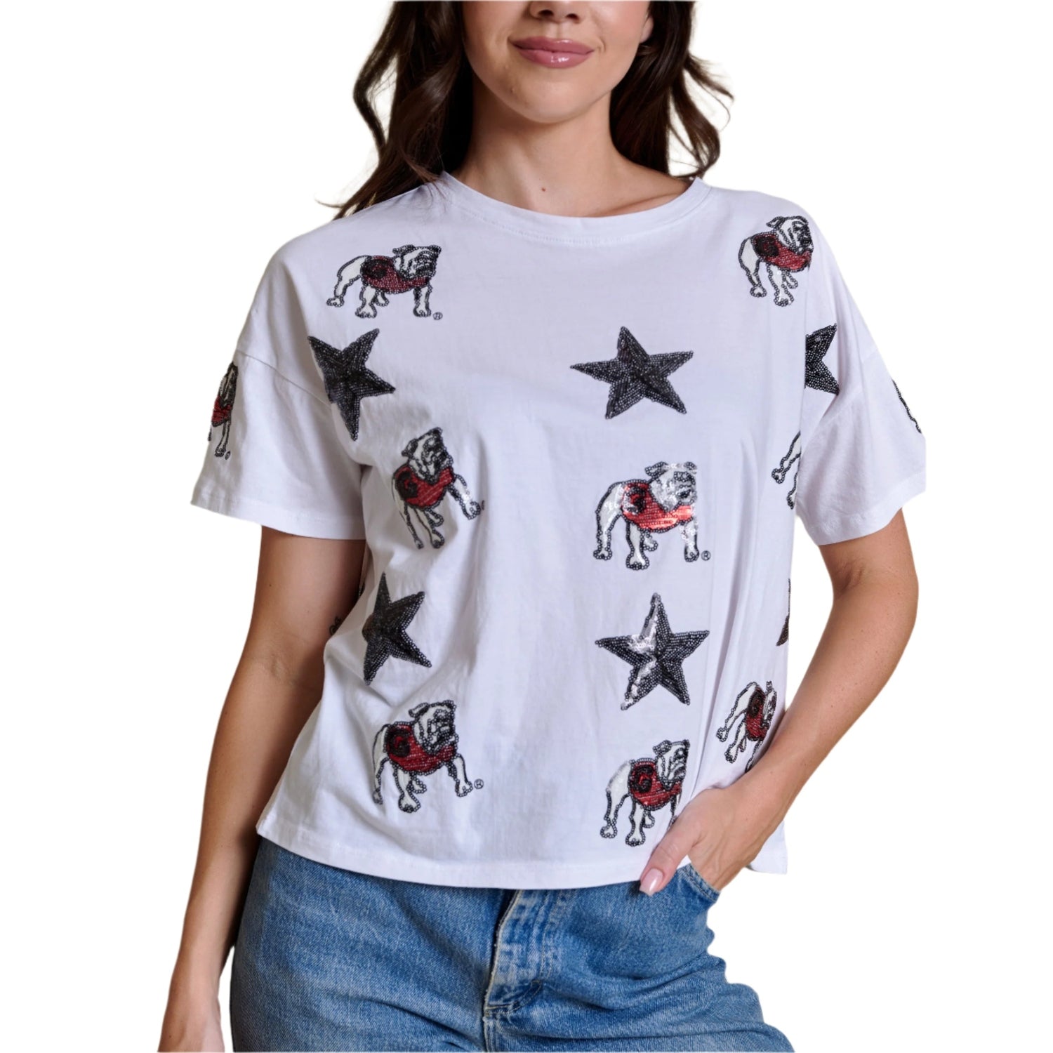 Stewart Simmons 02. WOMENS APPAREL - WOMENS SS SHIRTS - WOMENS SS CASUAL Women's The All Over Sequin Boxy Tee WHITE