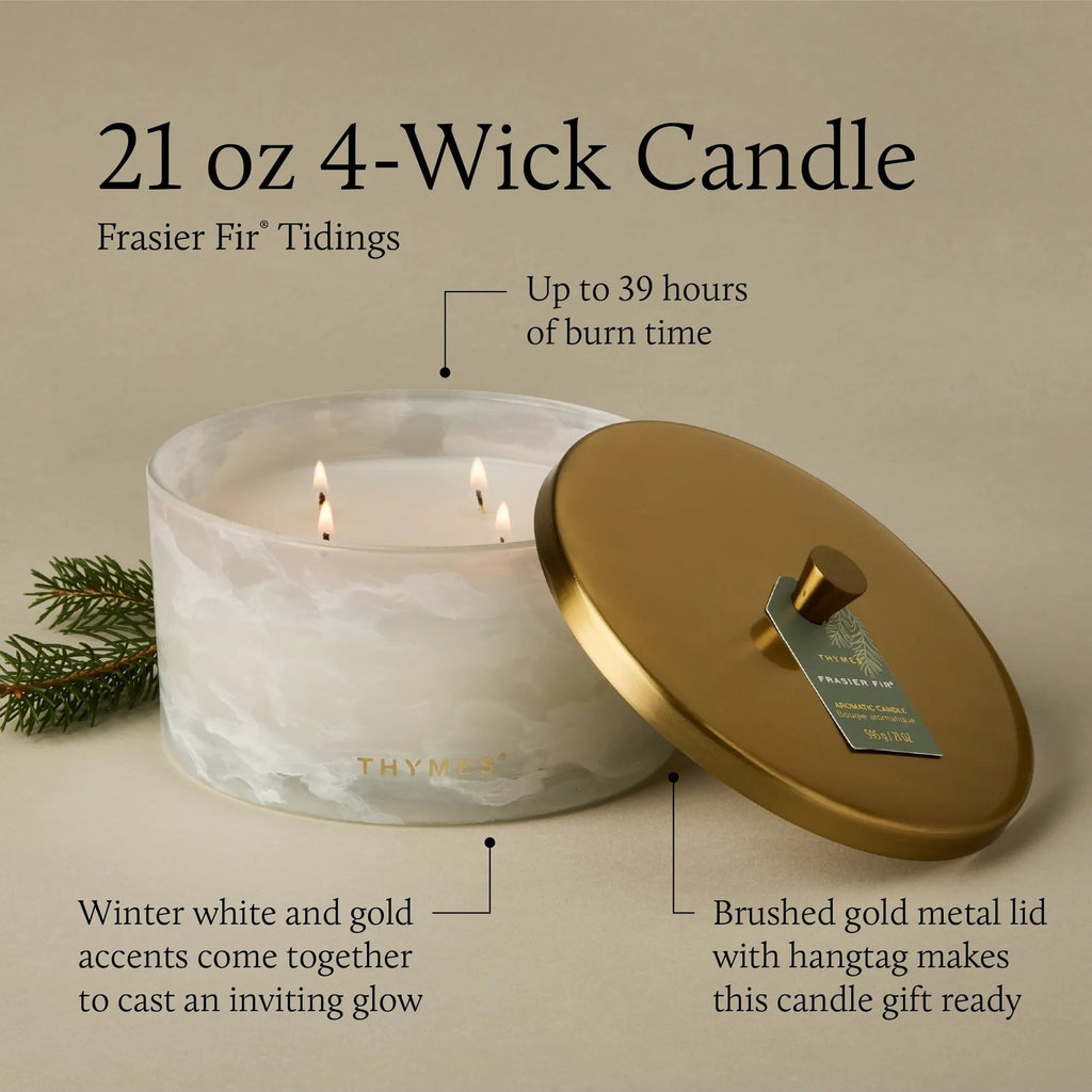 Thymes Frasier Fir Tidings 21 oz 4-Wick Candle, features