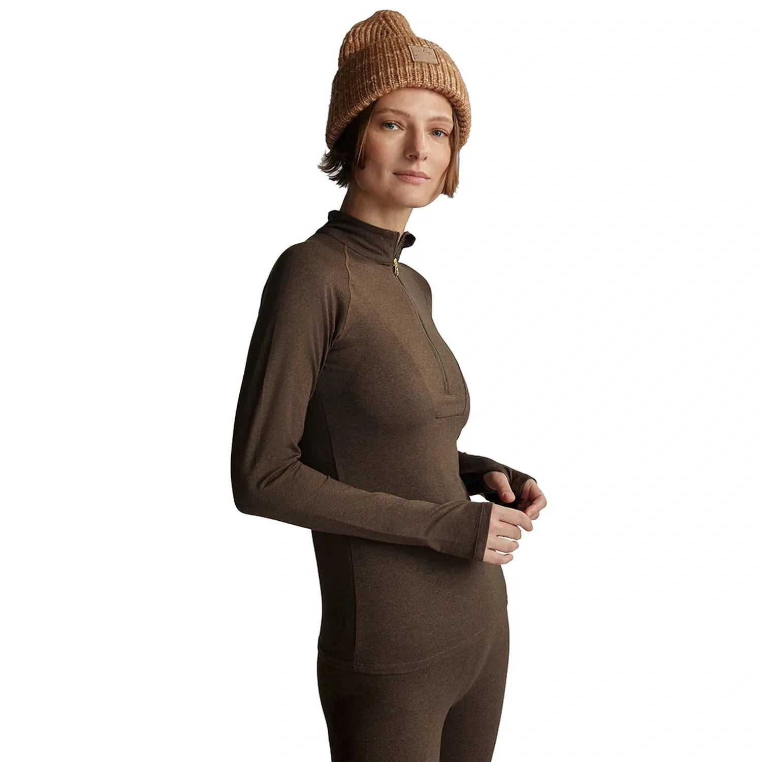 Varley 02. WOMENS APPAREL - WOMENS SKI - WOMENS THERMAL TOPS Women's Always Warm Half Zip Baselayer DEEP CHOCOLATE MARL