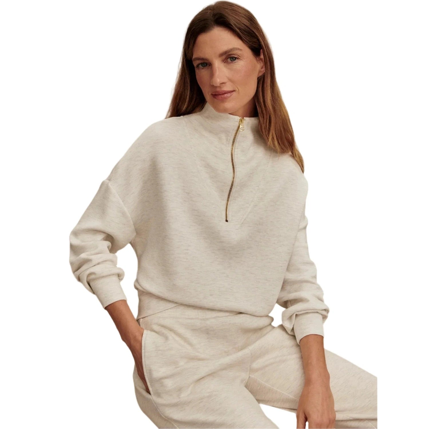 VARLEY 02. WOMENS APPAREL - WOMENS HOODIES|SWEATERS - WOMENS PO Q ZIP Women's Betsy Half Zip Sweat IVORY MARL