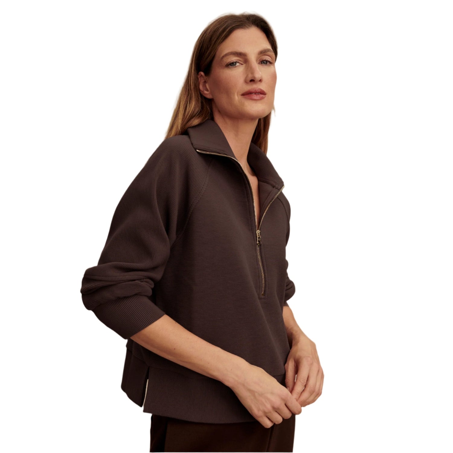 Varley 02. WOMENS APPAREL - WOMENS HOODIES|SWEATERS - WOMENS PO Q ZIP Women's Milano Half Zip Sweat COBE COFFEE BEAN