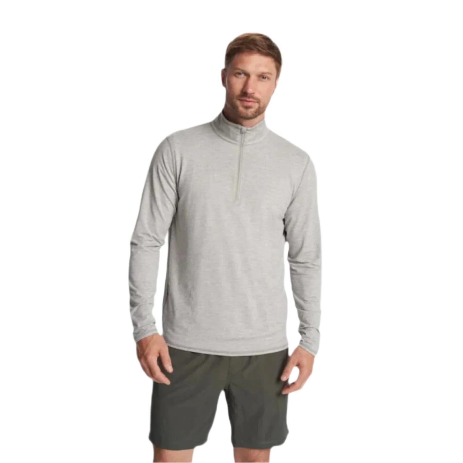 Vuori 01. MENS APPAREL - MENS HOODIES|SWEATERS - MENS PO Q ZIP Men's Ease Performance 1/2 Zip 2.0 LHG LIGHT HEATHER GREY