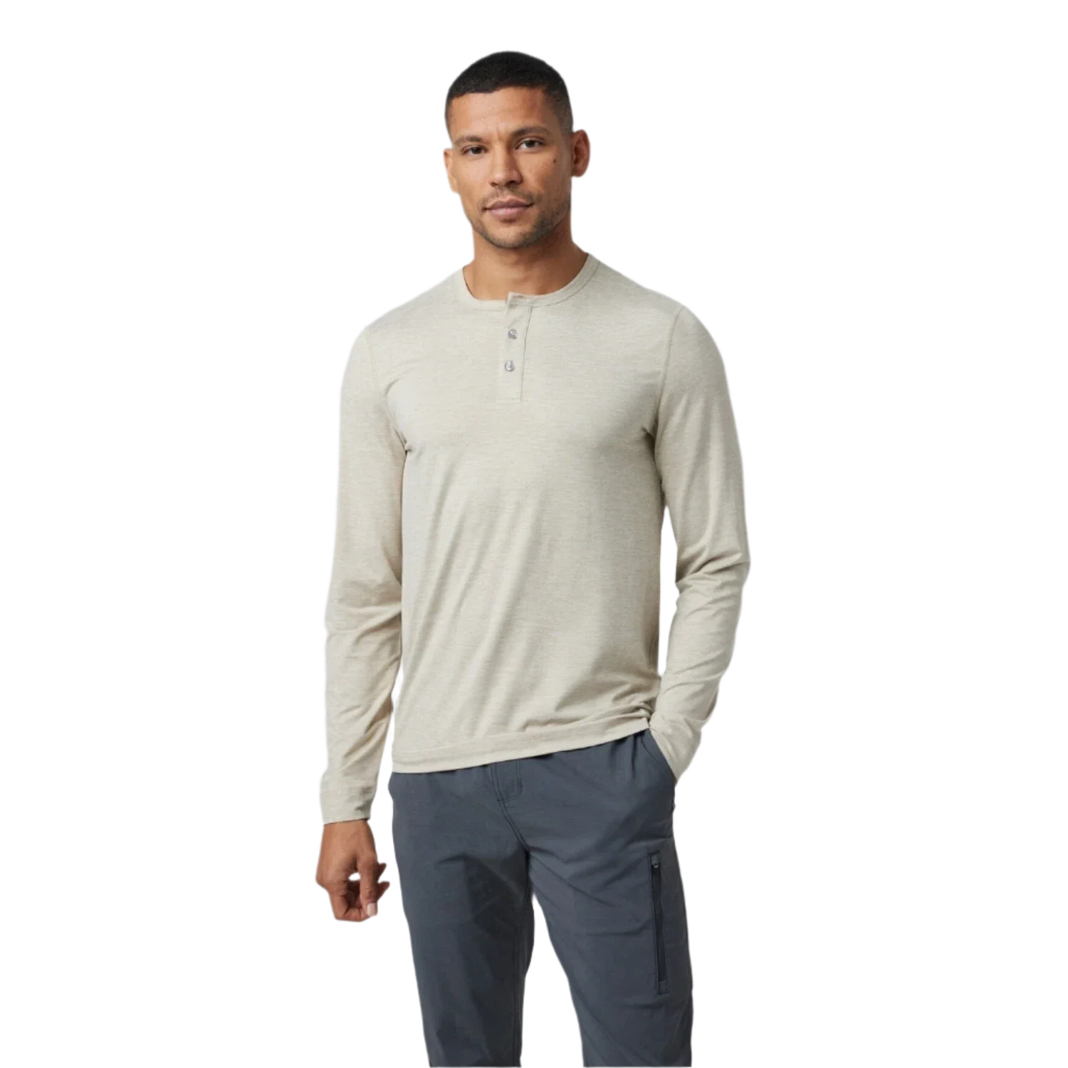 Vuori 01. MENS APPAREL - MENS LS SHIRTS - MENS LS CASUAL Men's Long Sleeve Ease Performance Henley TSH TOAST HEATHER